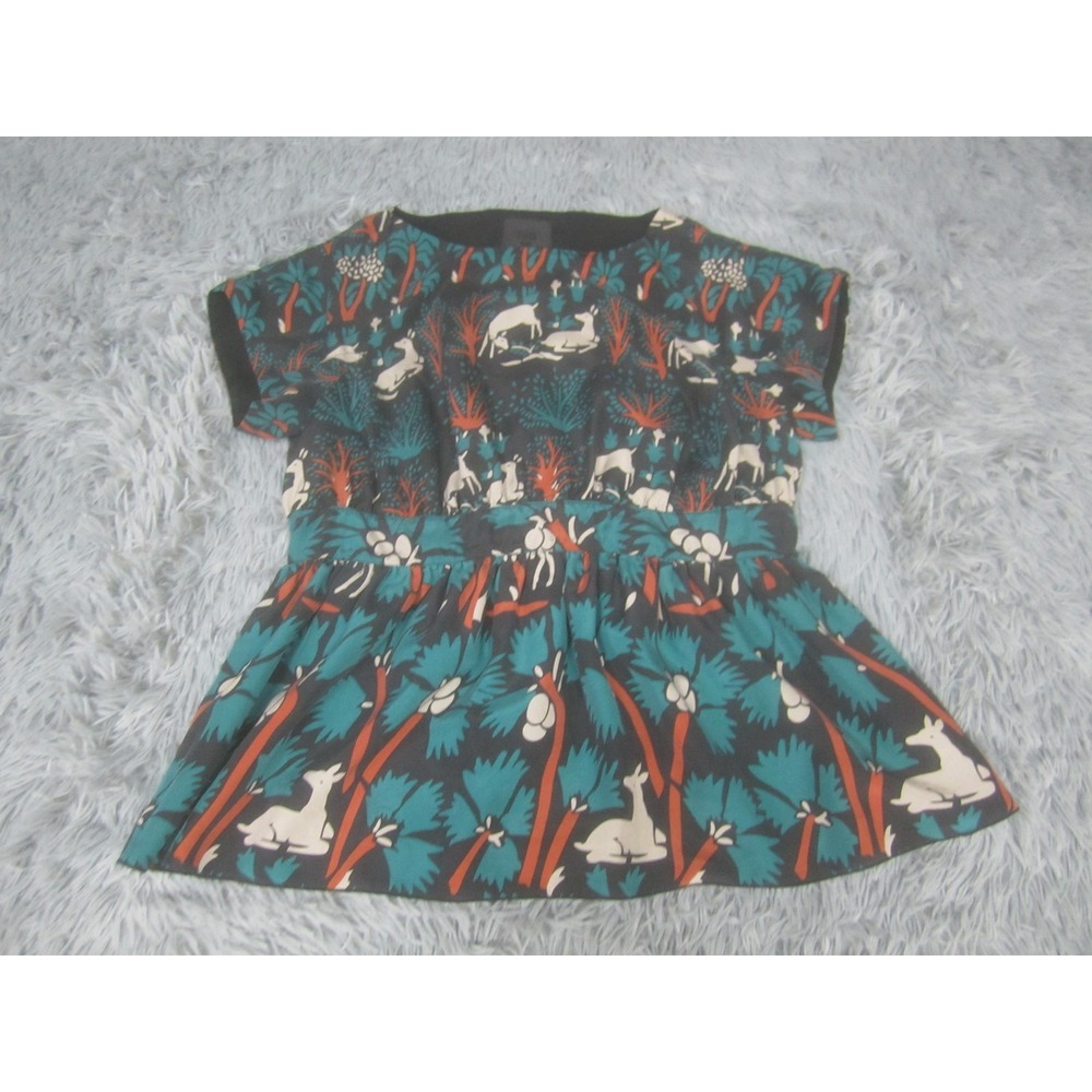 Anna Sui For Anthropologie Blouse Womens 6‎ Black Deer Print Peplum Top